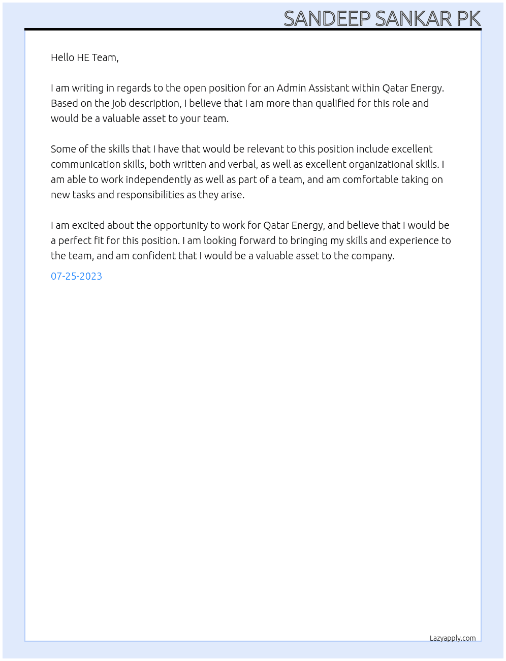 Admin Assistant  At Qatar Energy  Cover Letter