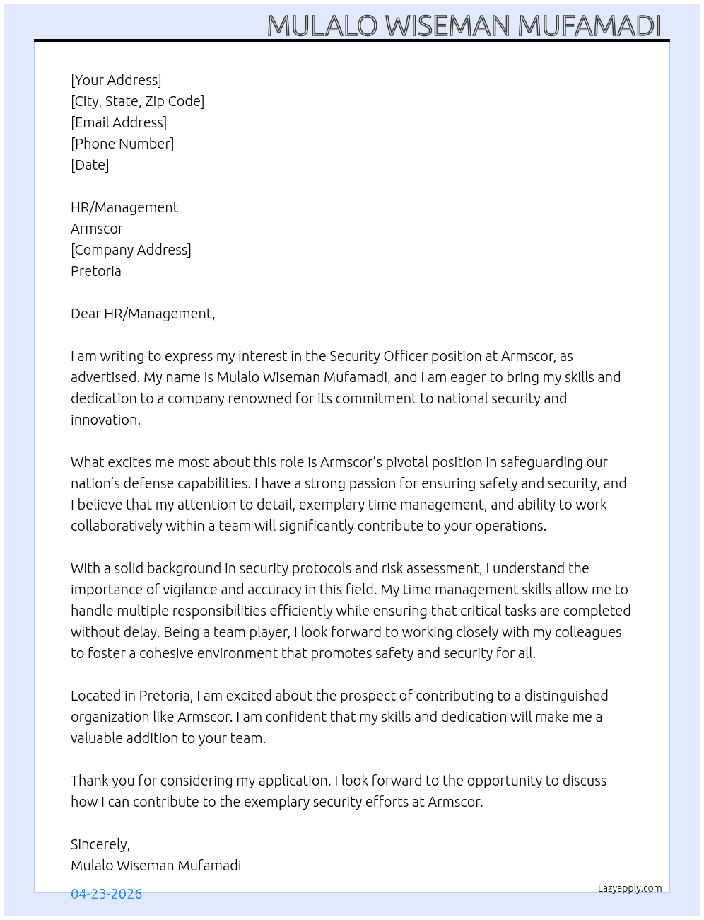Security Officer  At Armscor Cover Letter