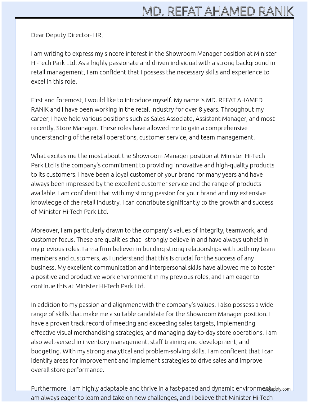 Showroom Manager At Minister Hi-Tech Park Ltd. Cover Letter