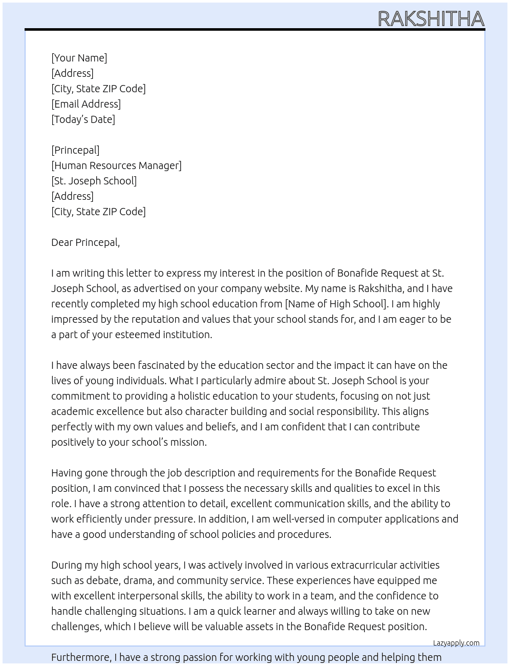 REQUEST FOR BONAFIDE At St.Joseph school Cover Letter