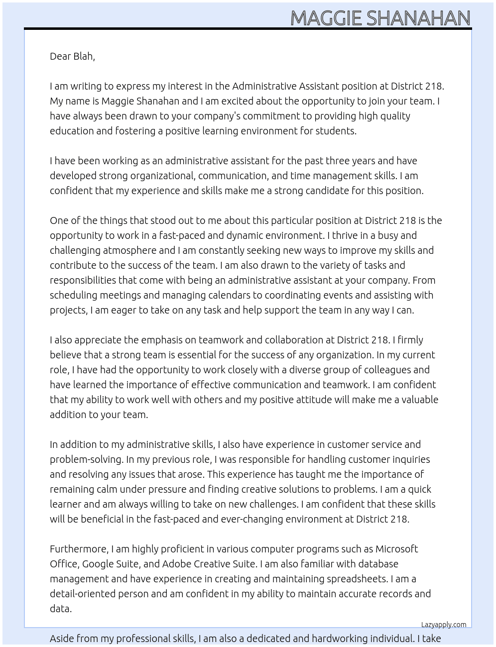 Administrative Assistant At District 218 Cover Letter