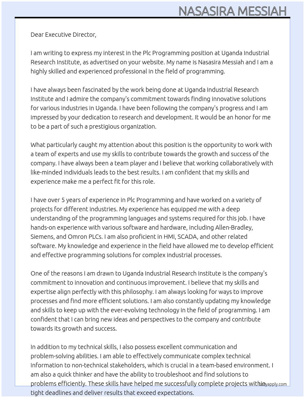 Plc Programming  At Uganda industrial research institute  Cover Letter
