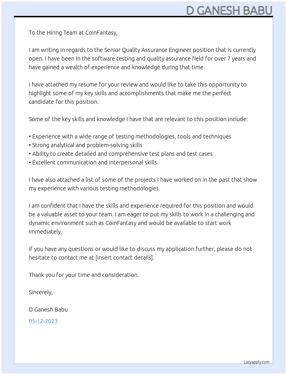 Senior Quality Assurance Engineer At CoinFantasy Cover Letter