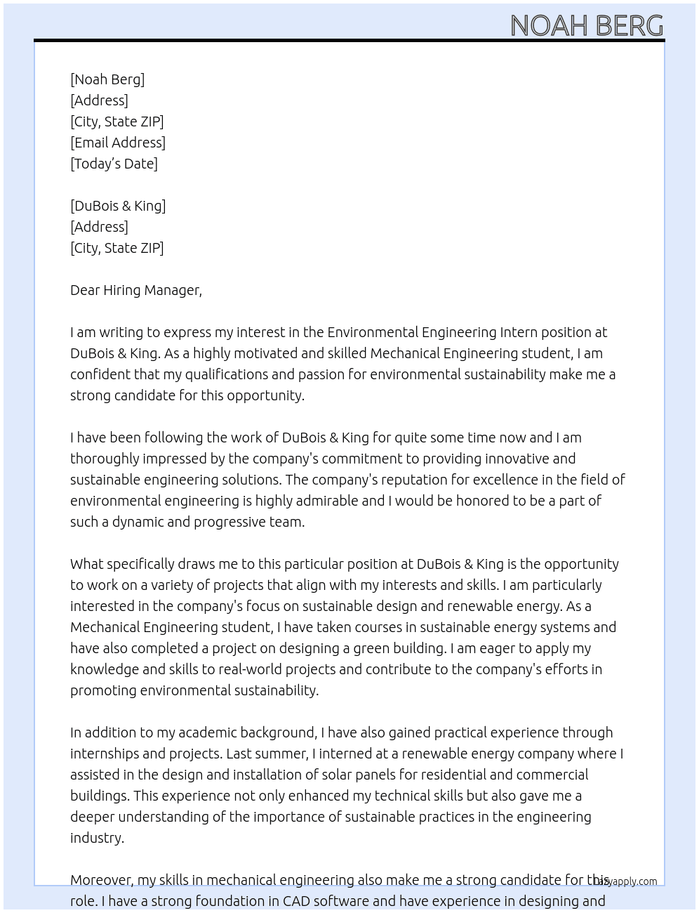 environmental engineering intern At DuBois & King Cover Letter