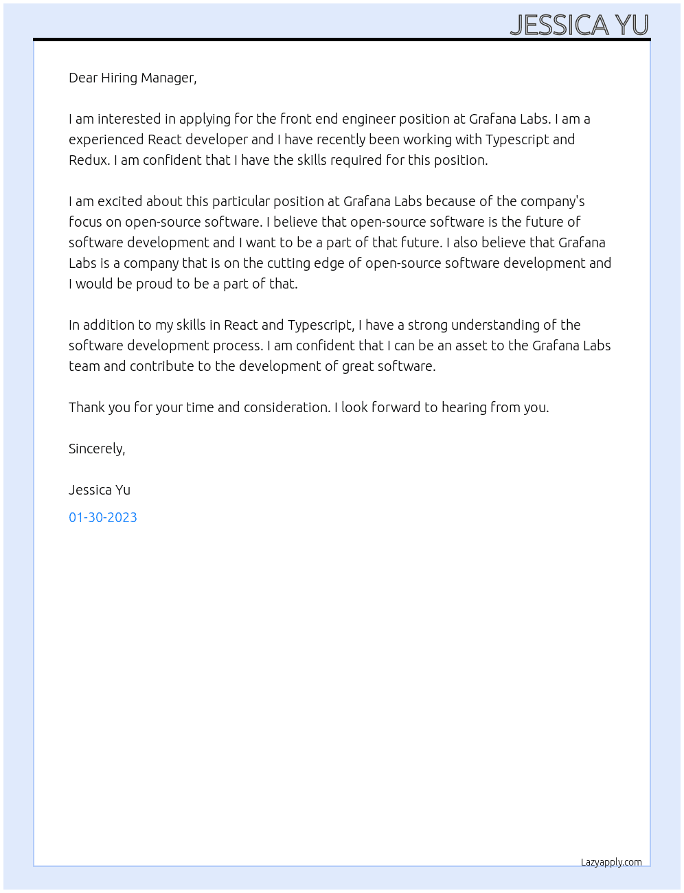 front end engineer At Grafana Labs Cover Letter