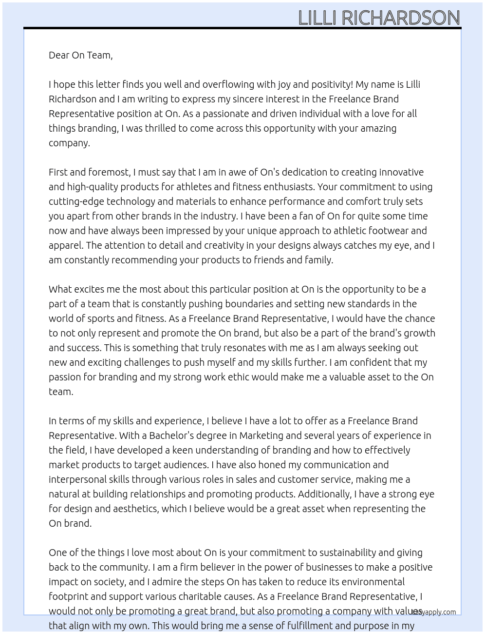 Freelance Brand Representative  At On Cover Letter