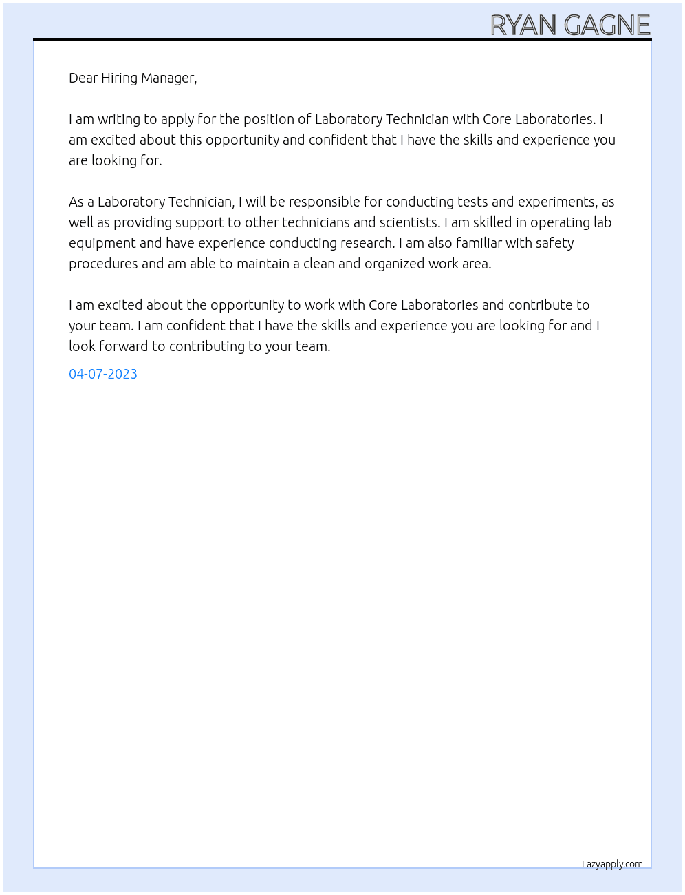 Laboratory Technician At Core Laboratories Cover Letter