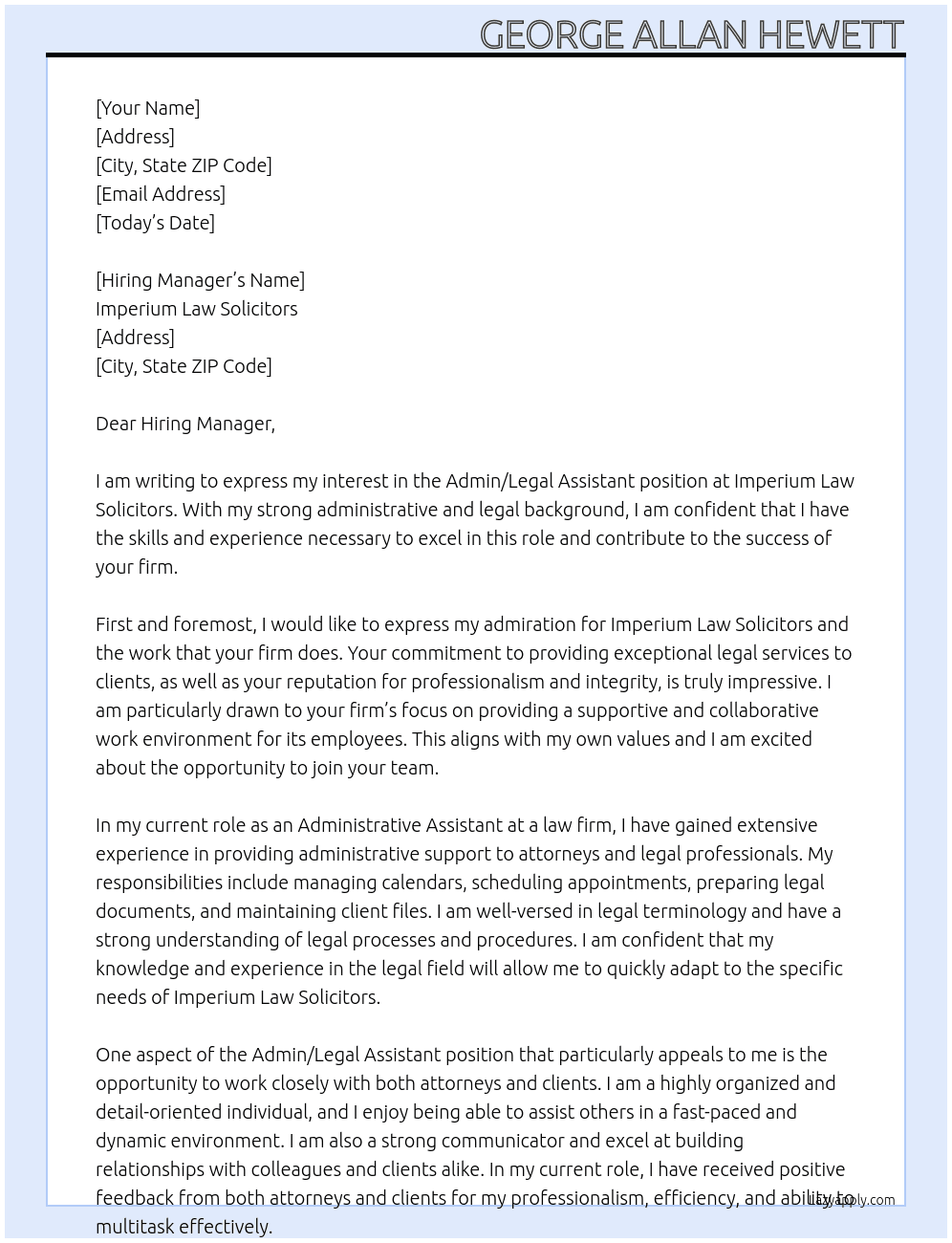 Admin/legal Assistant At Imperium Law Solicitors Cover Letter