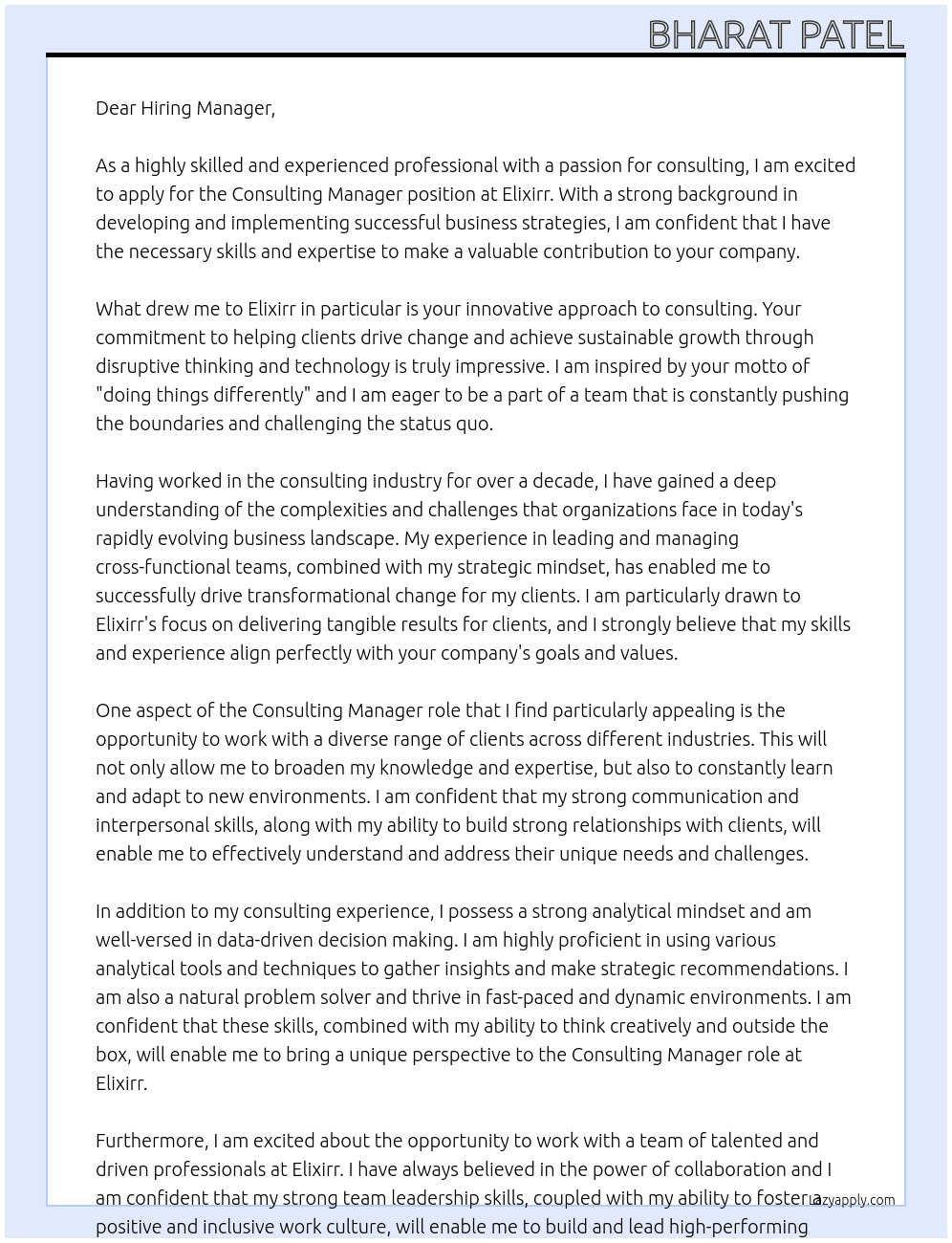 Consulting Manager At Elixirr Cover Letter