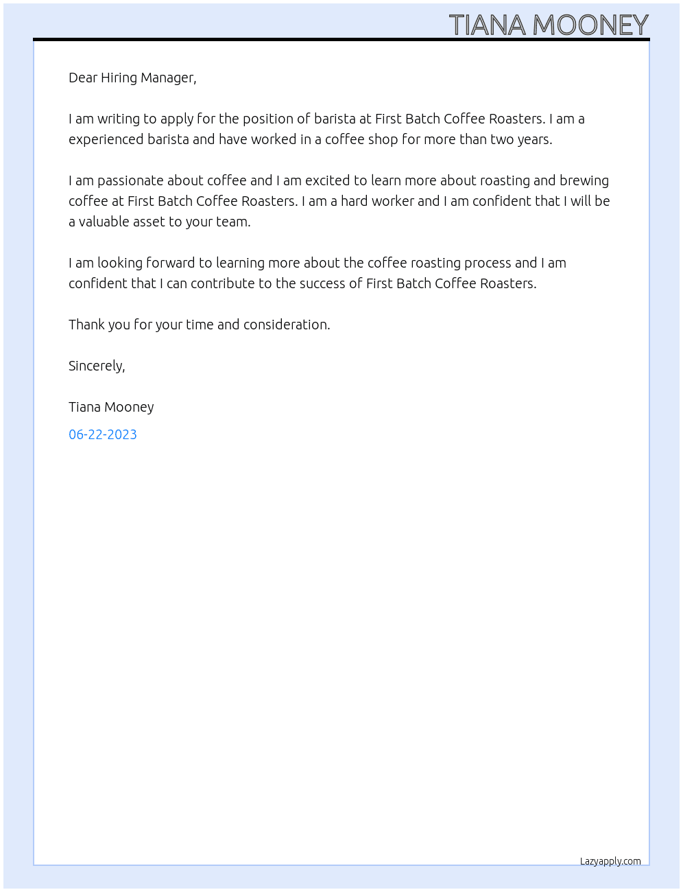 Barista At First Batch Coffee Roasters Cover Letter