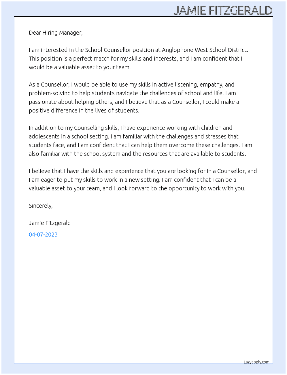School Counsellor At Anglophone West School District Cover Letter