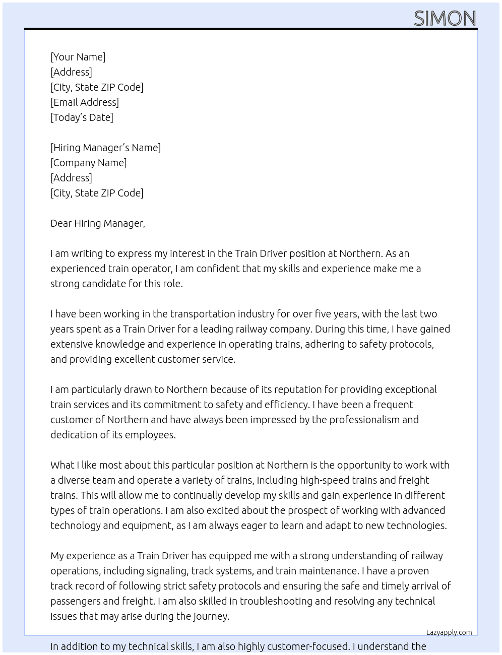 Train Driver At Northern Cover Letter