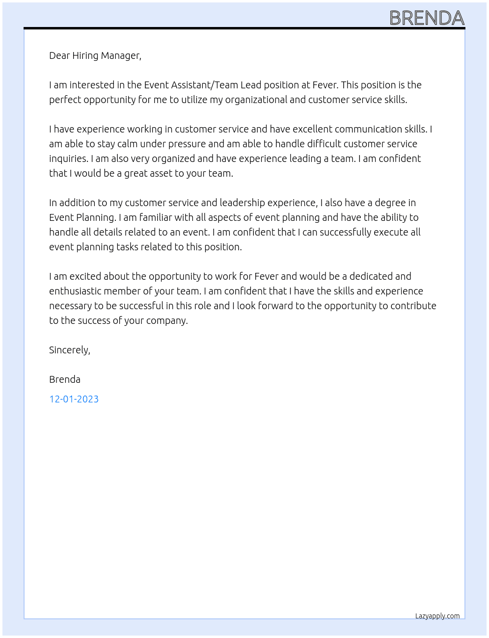 Event Assistant/Team Lead At fever Cover Letter