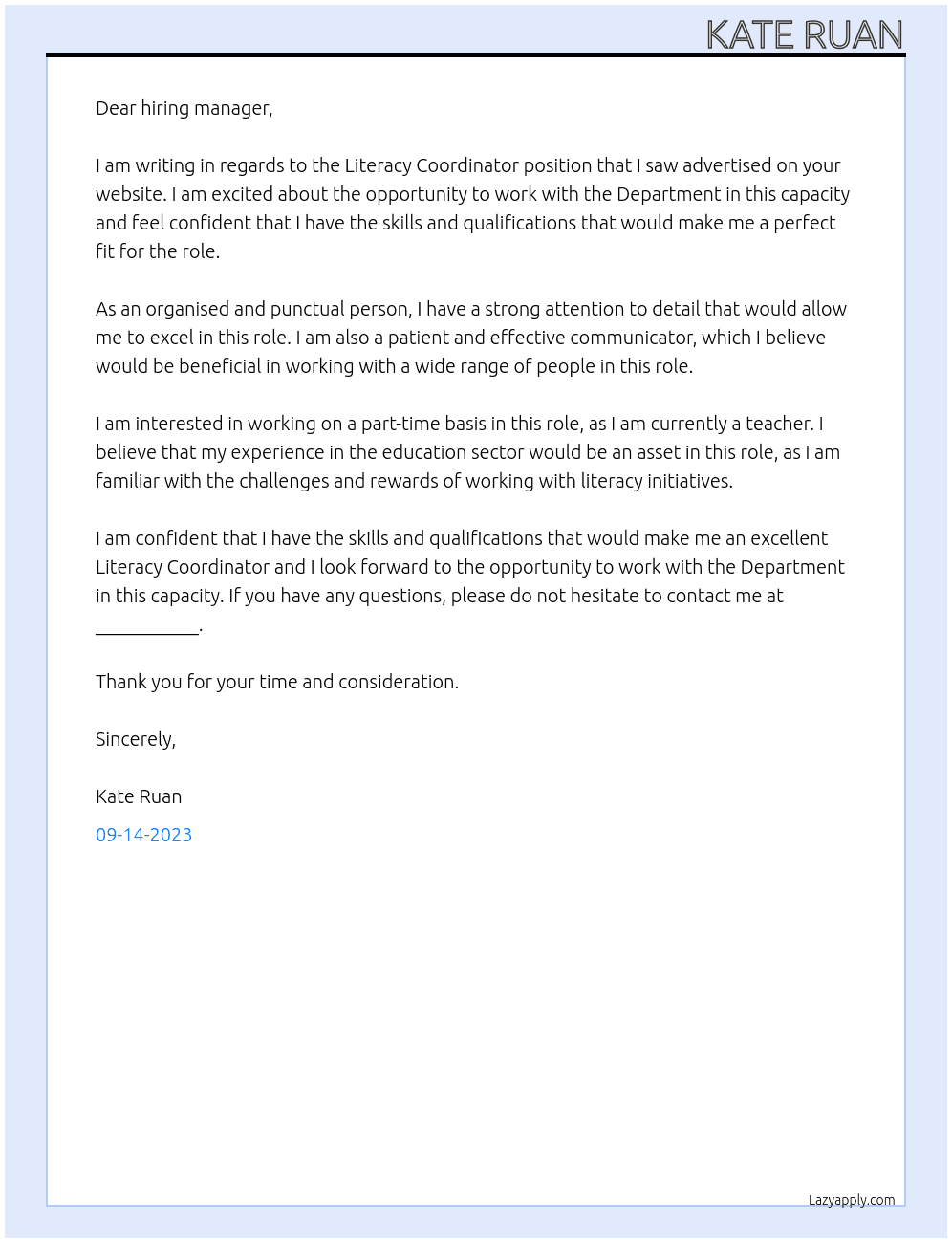 Literacy Coordinator At Departme Cover Letter