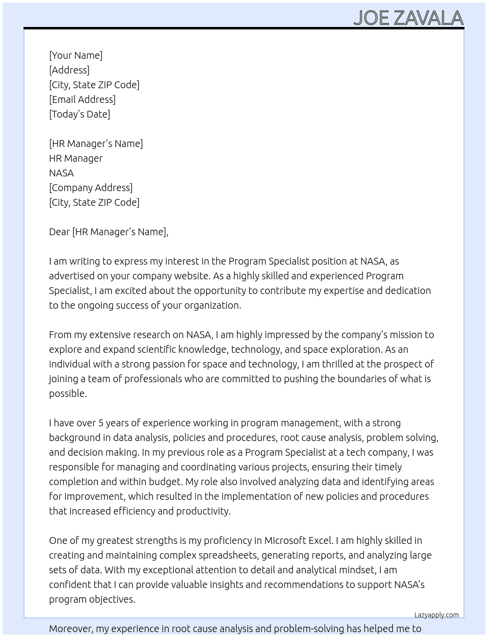 Program Specialist At Nasa Cover Letter