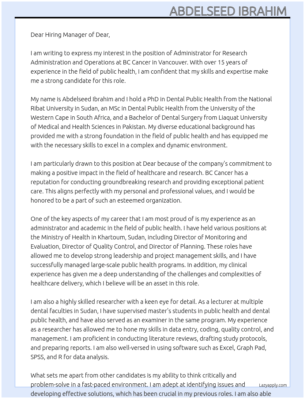 Administrator, Research Administration and Operations - BC Cancer - Vancouver At Dear  Cover Letter