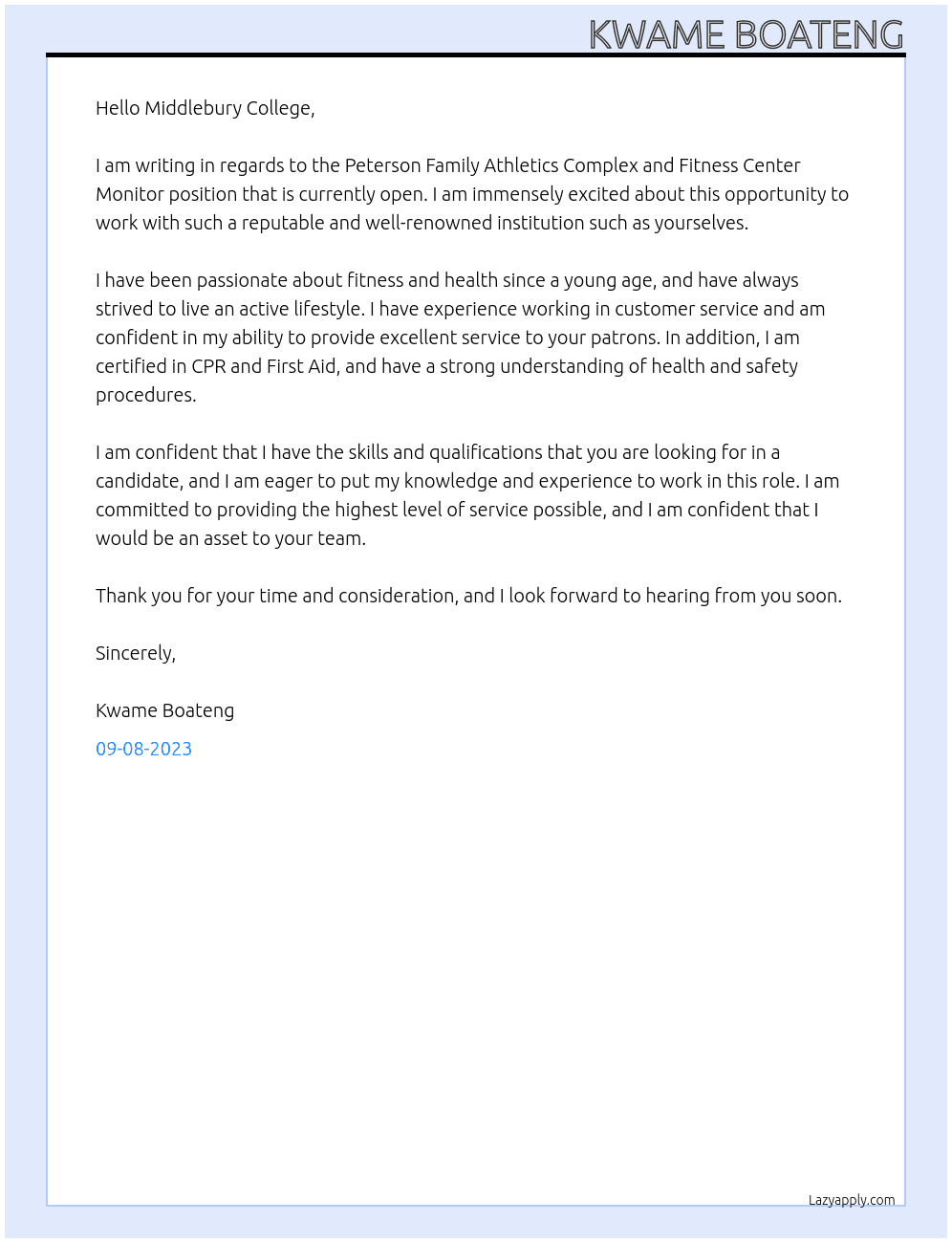 Peterson Family Athletics Complex and Fitness Center Monitor  At Middlebury College Cover Letter