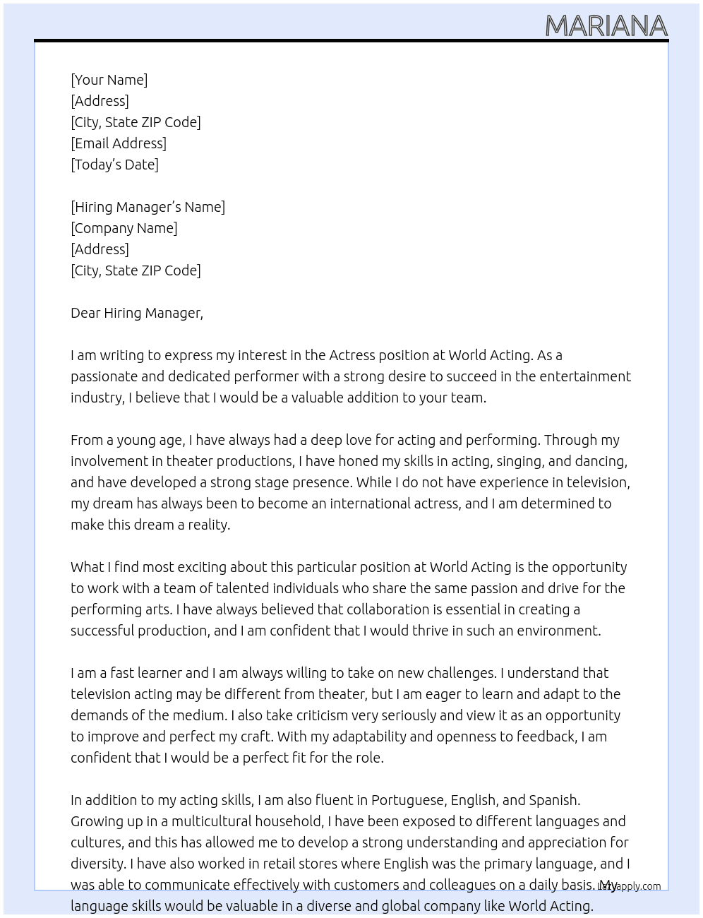 Actress At World acting  Cover Letter