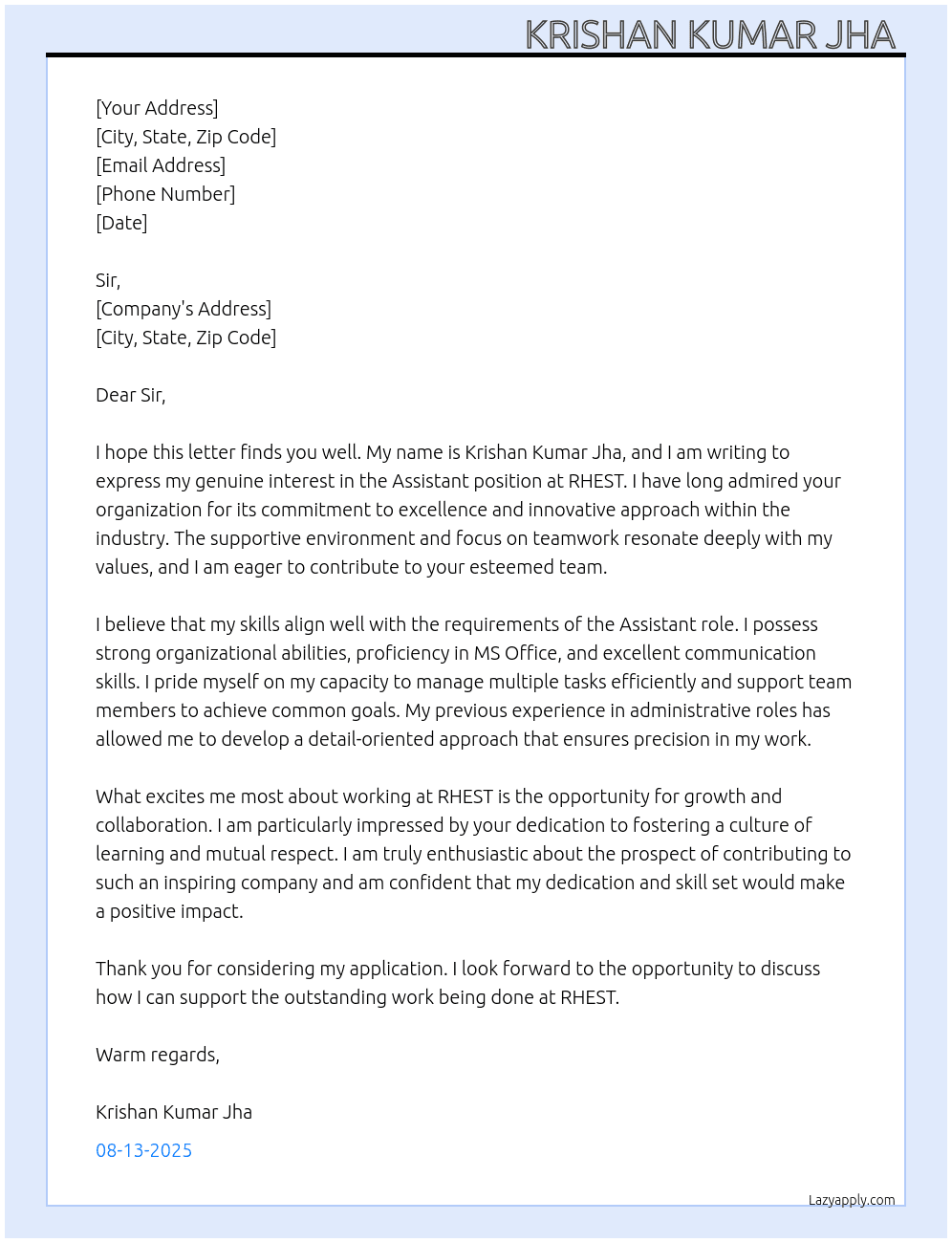 Assistant  At RHEST Cover Letter