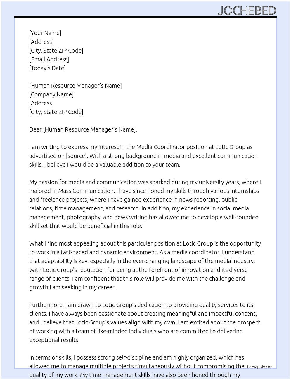 Media Coordinator At Lotic Group Cover Letter