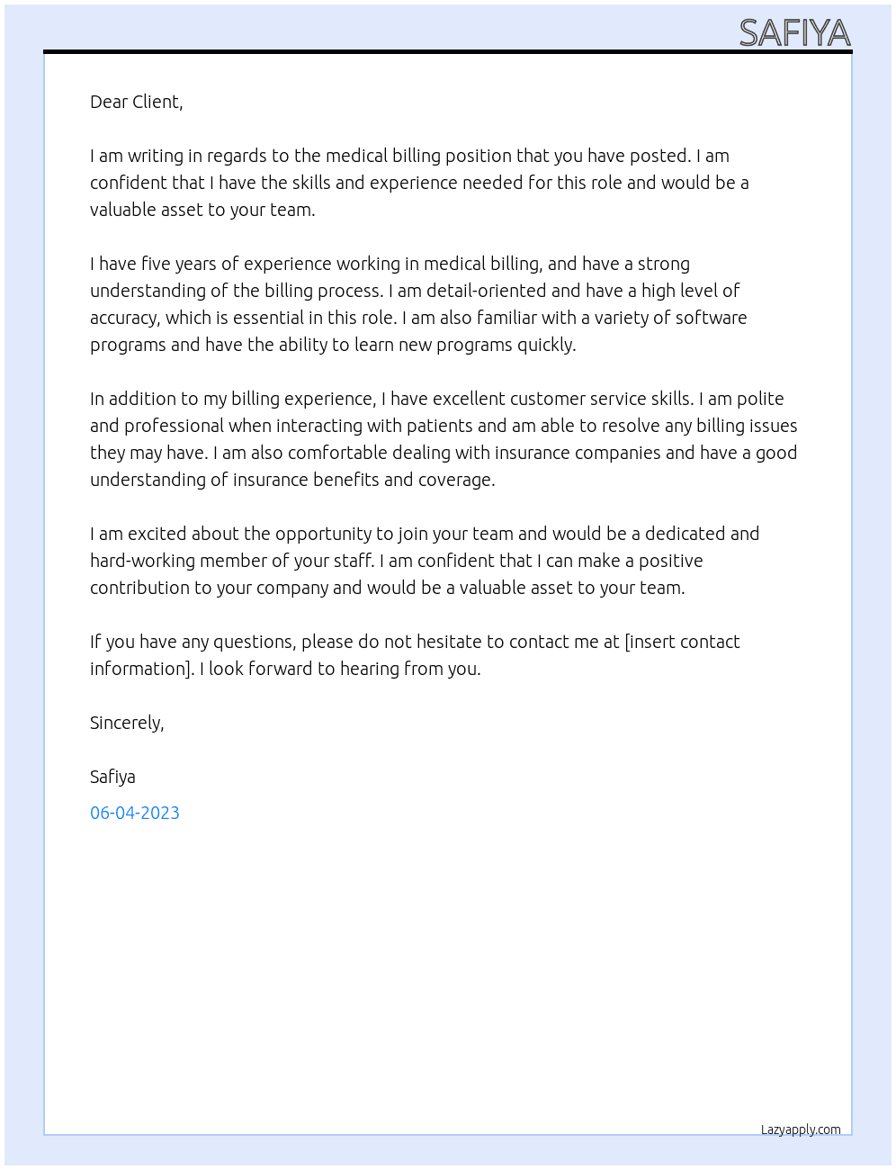 Medical billing At Healthcare Cover Letter