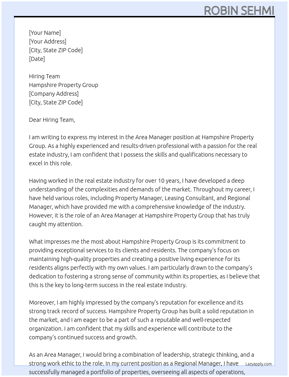 Area Manager At Hampshire Property Group Cover Letter