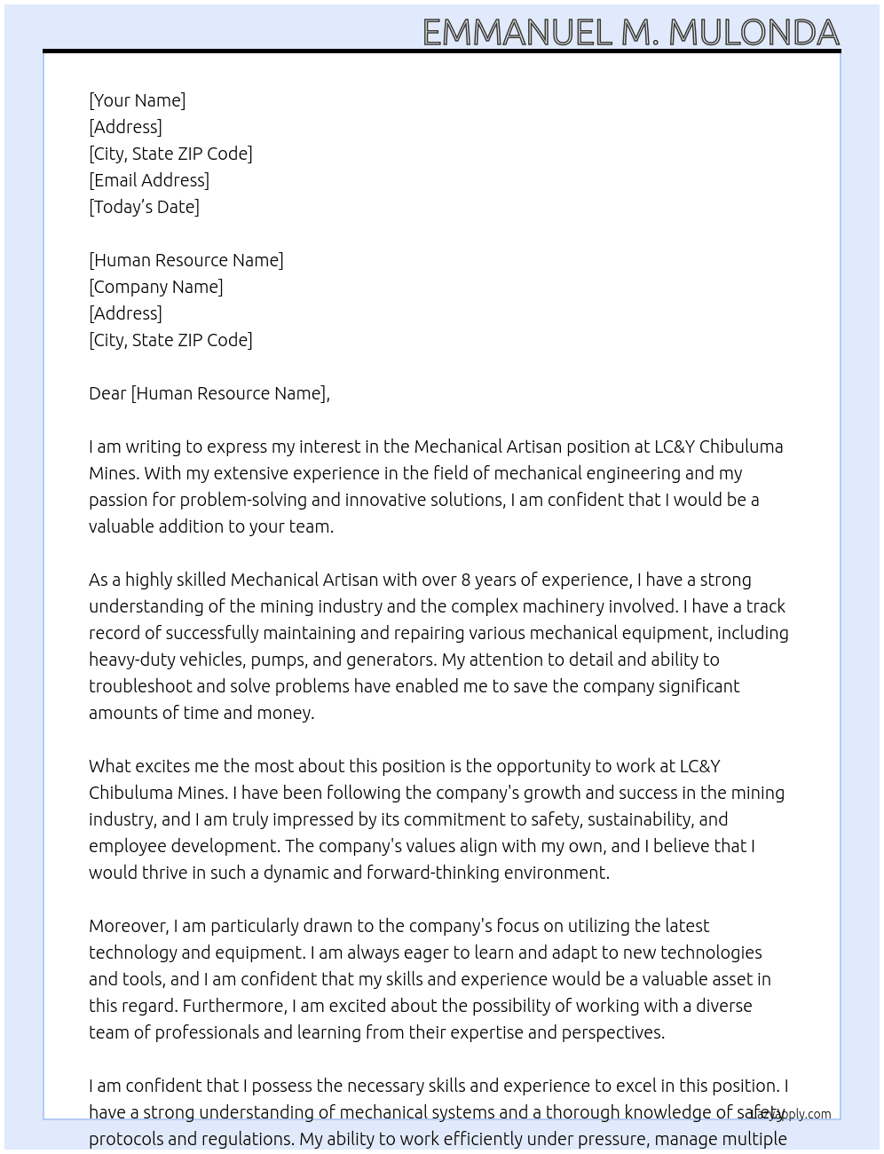 Mechanical Artisan At LC&Y Chibuluma Mines Cover Letter