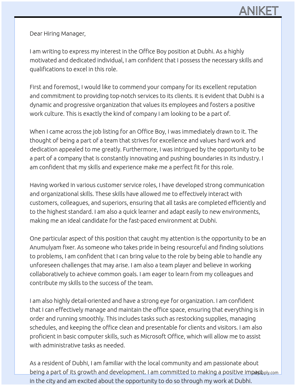 OFFICE Boy  At Dubhi  Cover Letter