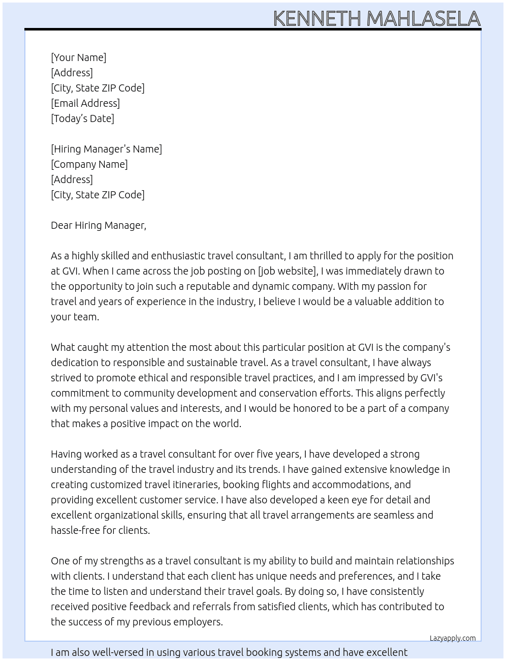 travel consultant At GVI Cover Letter