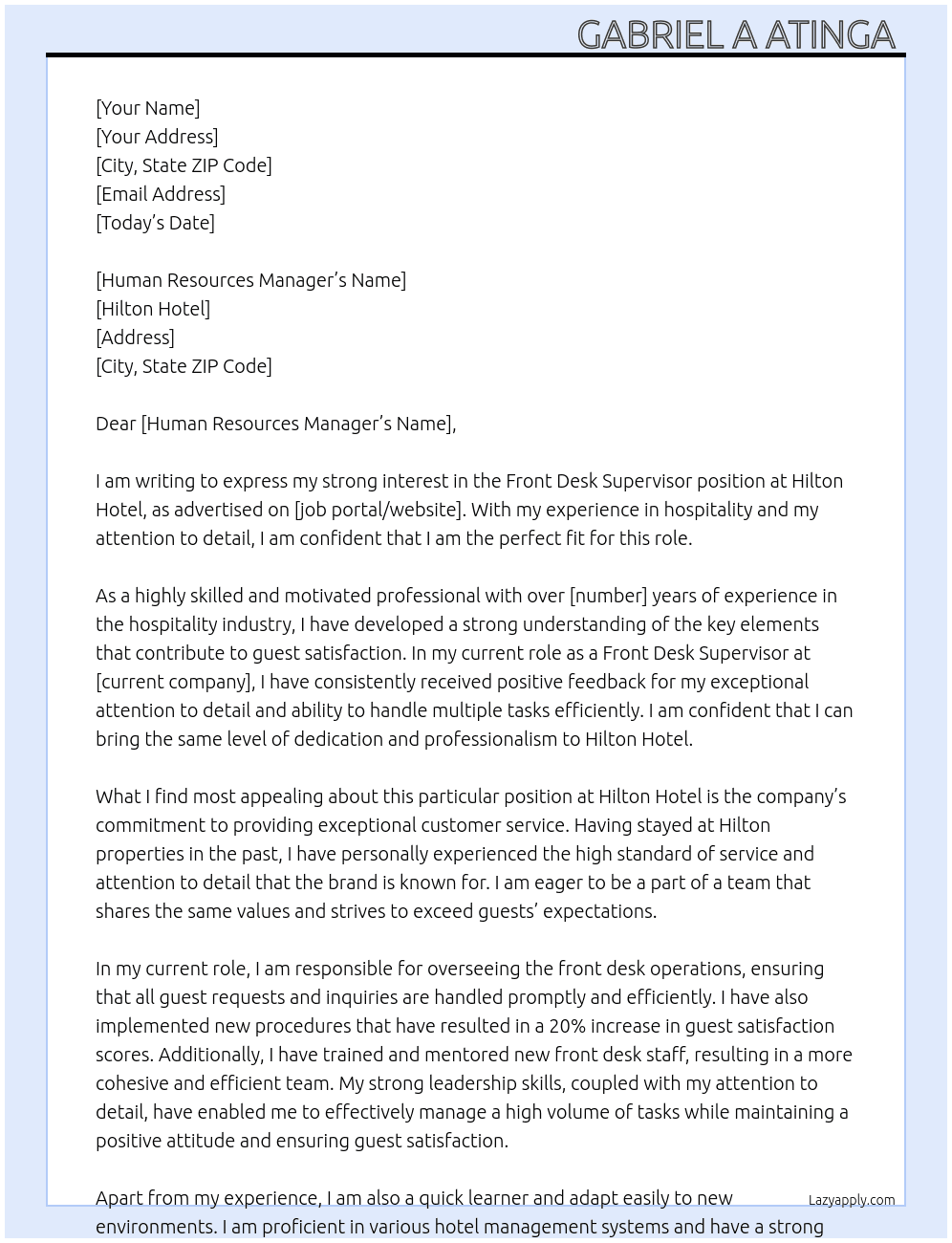Front desk supervisor  At Hilton Hotel  Cover Letter