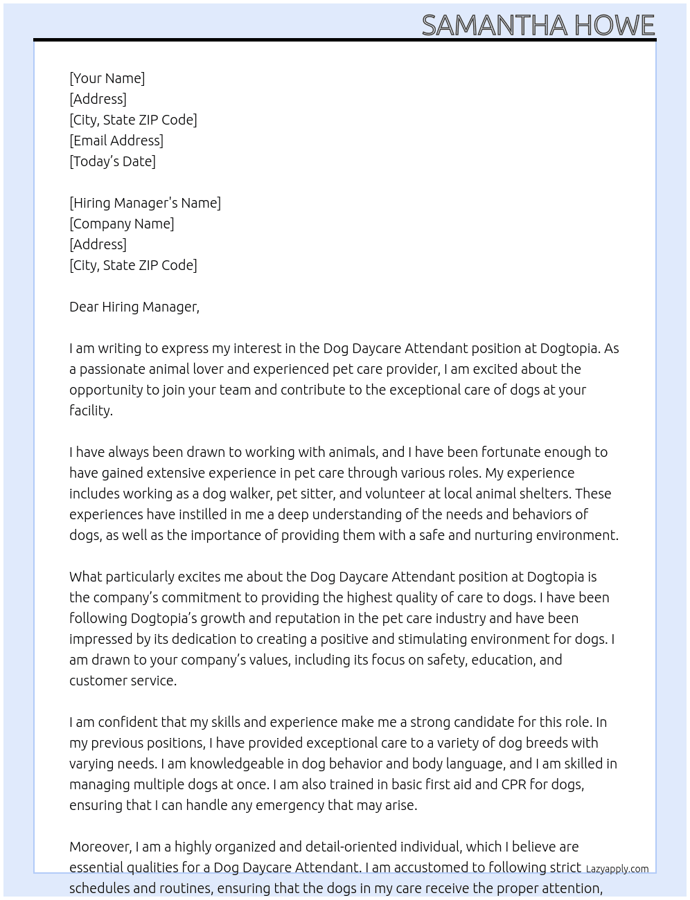 Dog Daycare Attendant At Dogtopia Cover Letter