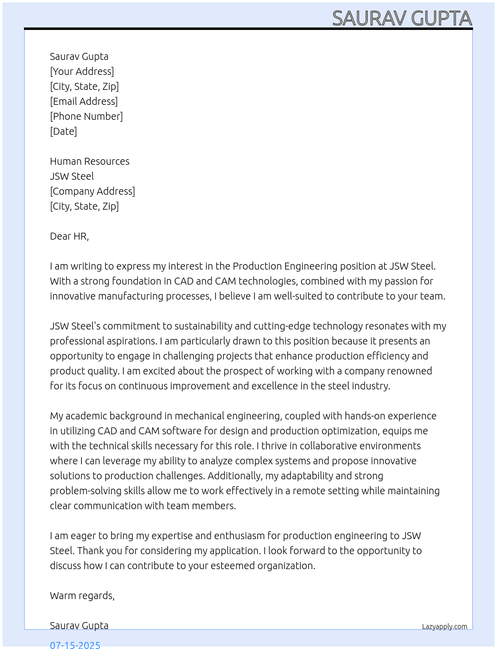 Cover letter for production engineereing - LazyApply