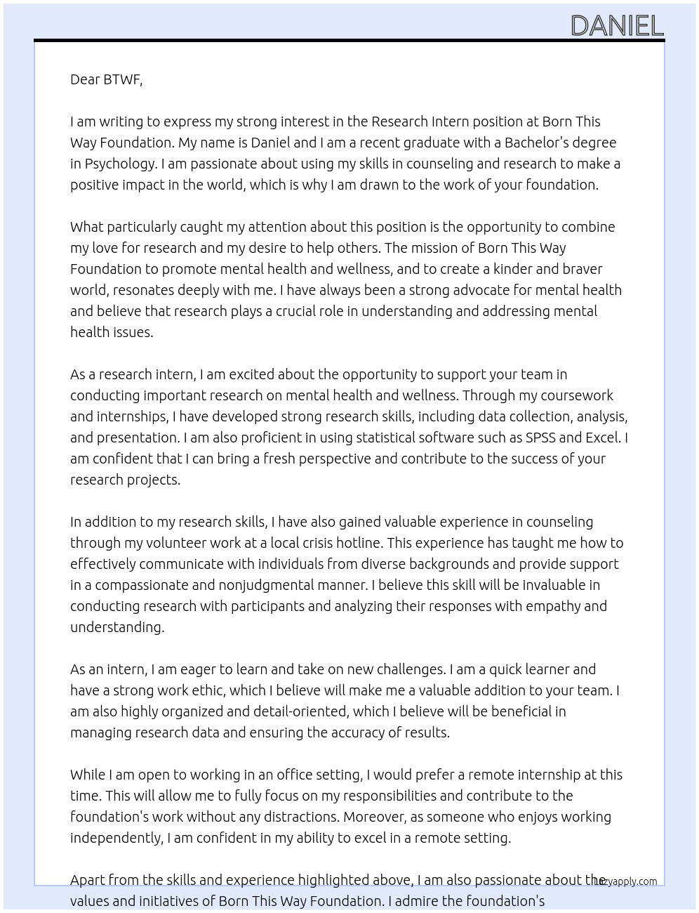 Research Intern At Born This Way Foundation Cover Letter