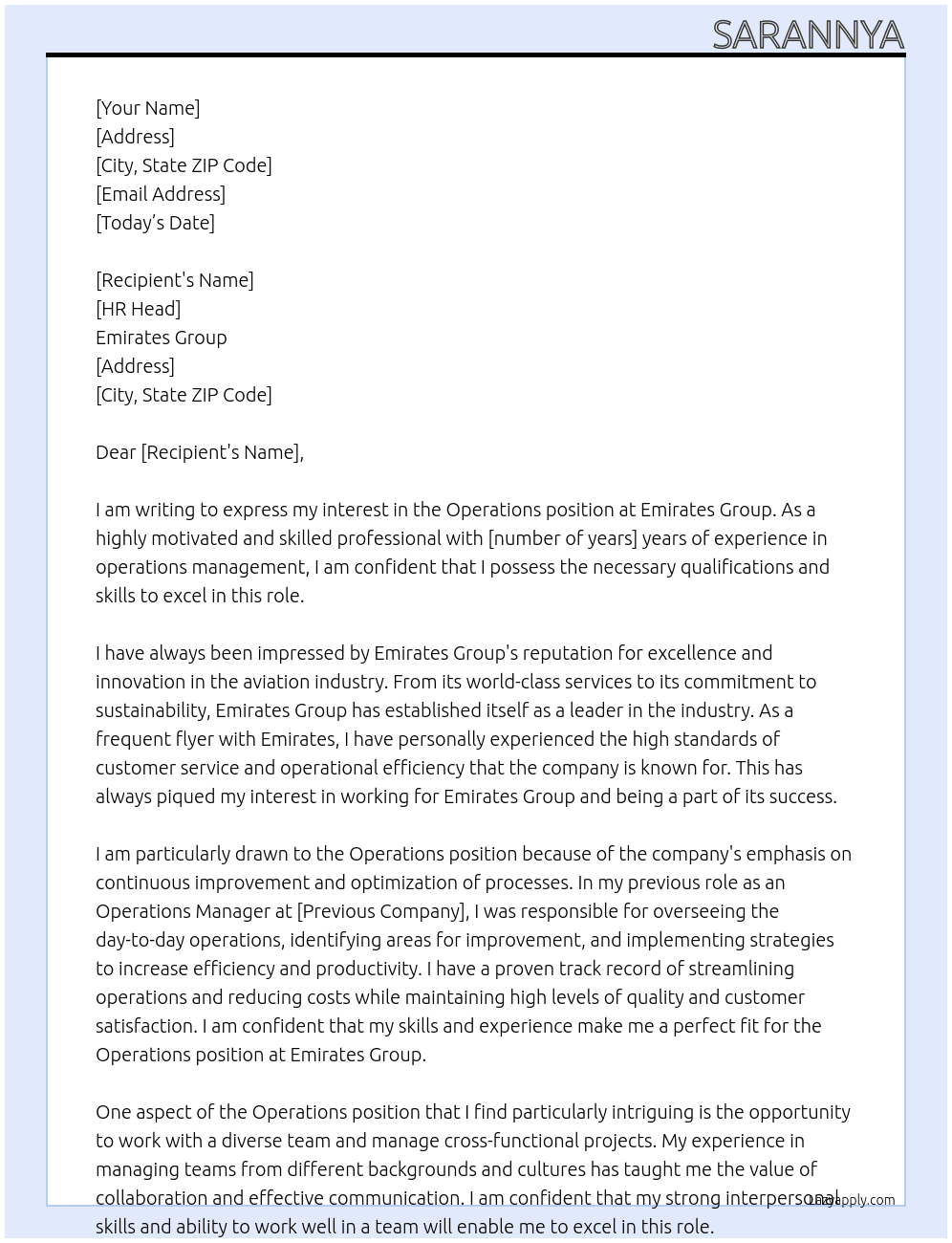 Operations At Emirates Group Cover Letter