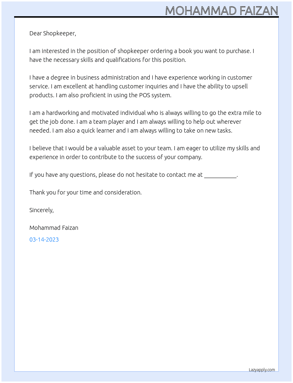 To a shopkeeper ordering a book you want to purchase  At Shopkeeper  Cover Letter