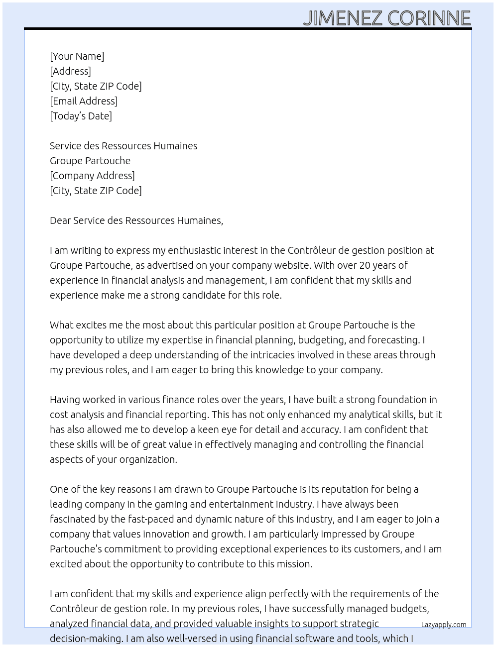 Contrôleur de gestion At Groupe Partouche Cover Letter