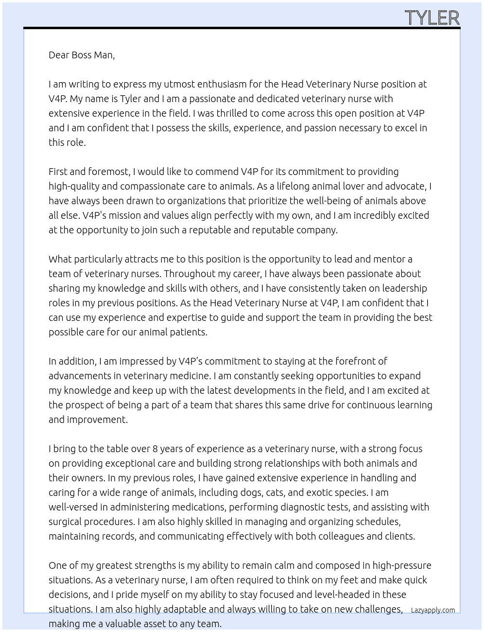 Head veterinary nurse At v4p Cover Letter