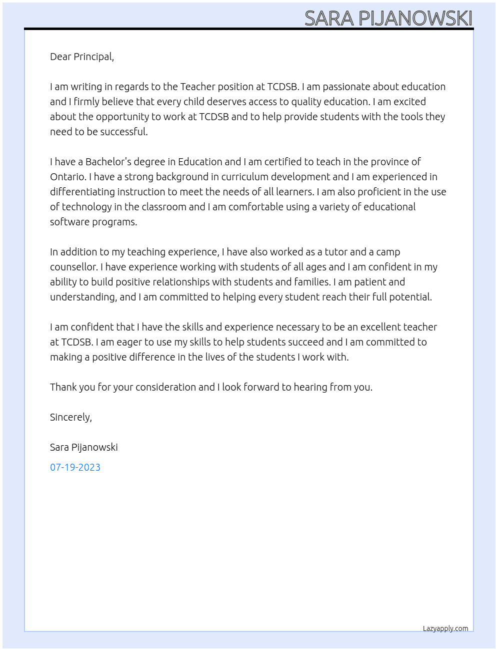 Teacher At TCDSB Cover Letter