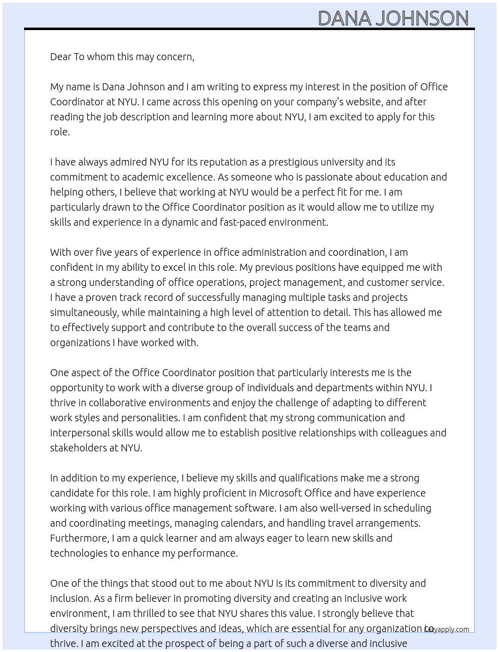 Office coordinator  At NYU Cover Letter
