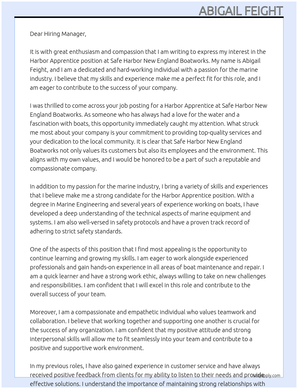 harbor apprentice  At Safe Harbor New England Boatworks Cover Letter