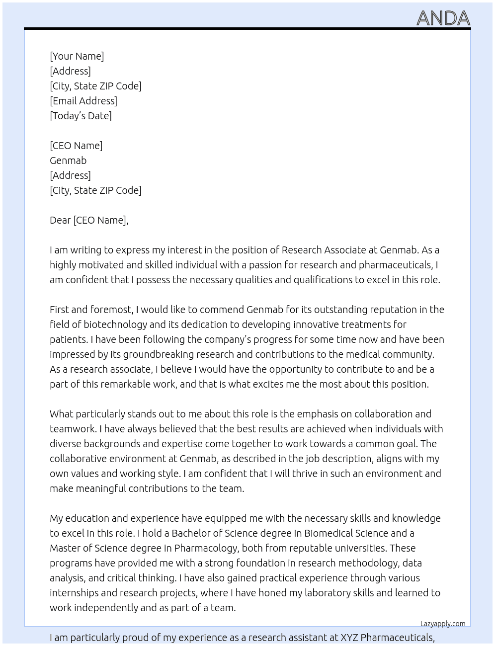 Research associate At Genmab Cover Letter