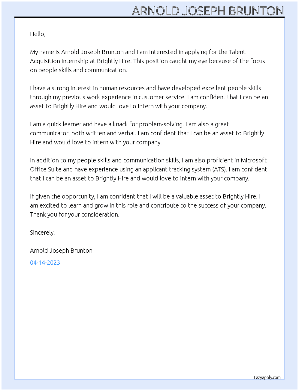 Talent Acquisition Internship At Brightly Hire Cover Letter