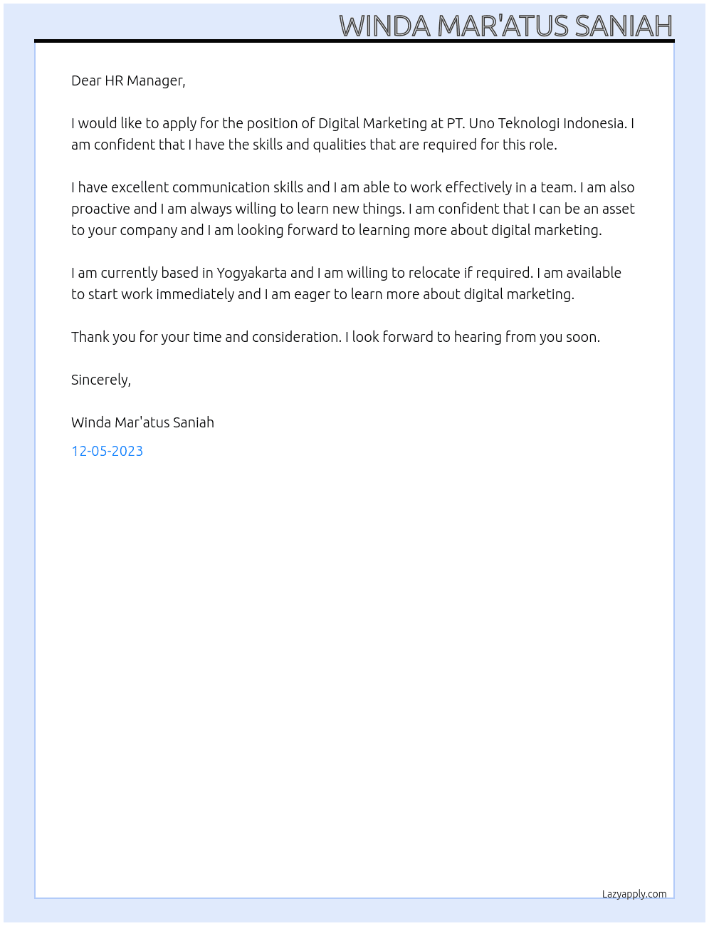 Digital Marketing At PT. Uno Teknologi Indonesia Cover Letter