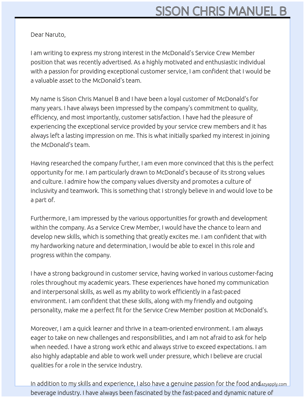 McDonald's Service Crew Member  At McDonald's  Cover Letter