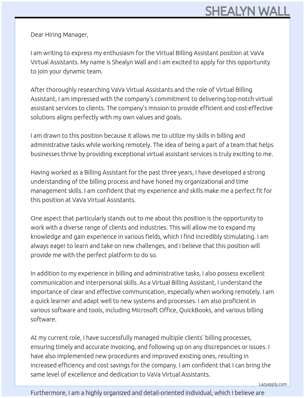 Virtual Billing Assistant At VaVa Virtual Assistants Cover Letter