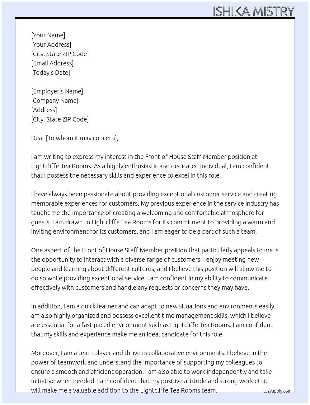 Front of house staff member At Lightcliffe Tea Roms Cover Letter
