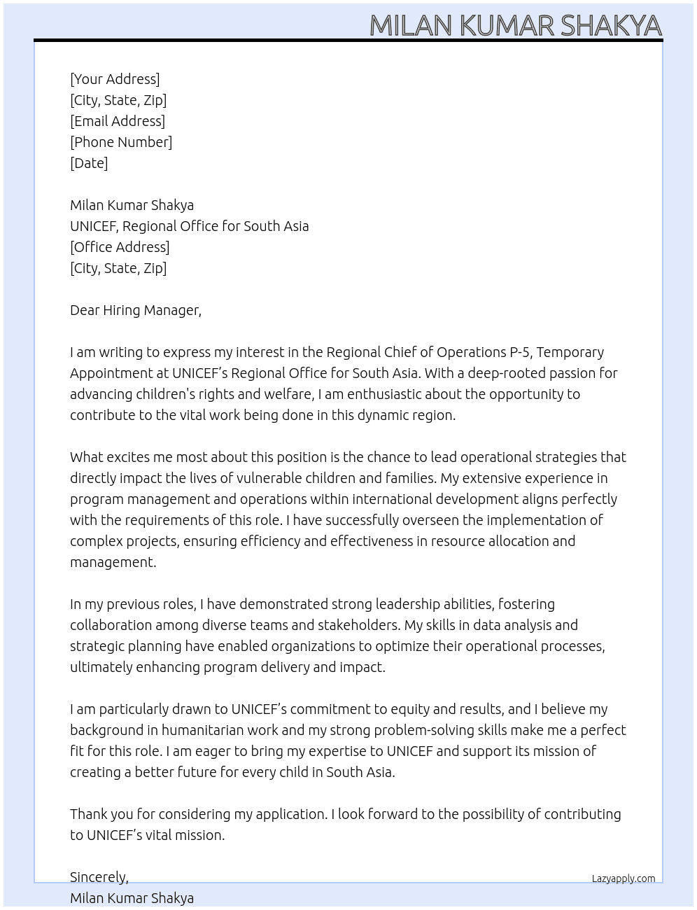 Regional Chief of Operations P-5, Temporary Appointment (June 2026) - UNICEF Regional Office for South Asia At UNICEF, Regional Office for South Asia Cover Letter
