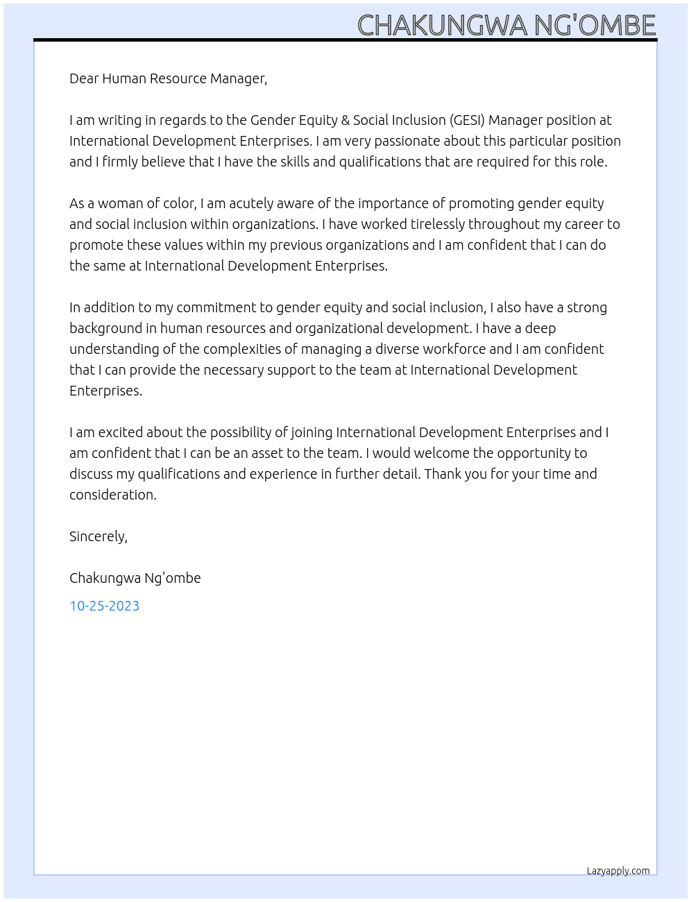 Gender Equity & Social Inclusion (GESI) Manager At International Development Enterprises Cover Letter