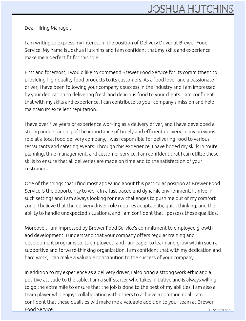 Delivery driver At Brewer food service Cover Letter