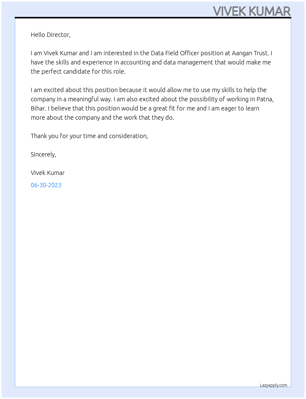 Data Fild Officers At Aangan Trust Cover Letter